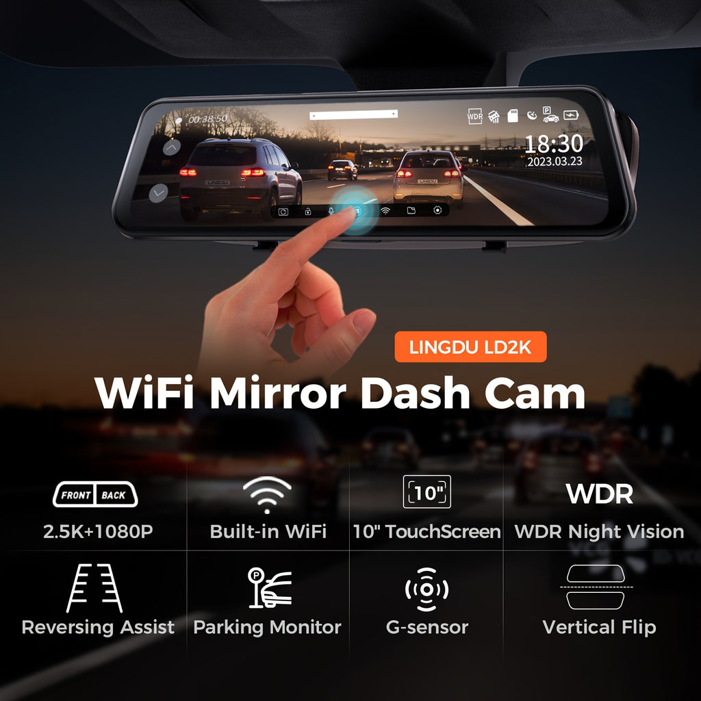 LD2K UHD 10" Full Touch Screen Rear View Mirror Dash Cam, Backup Camera, Front 2K And Rear 1080P Dual Channel Dash Cam, WDR Night Vision, Build-in WiFi, Loop Recording, Emergency Lock, Parking Mode, Simple Installation.