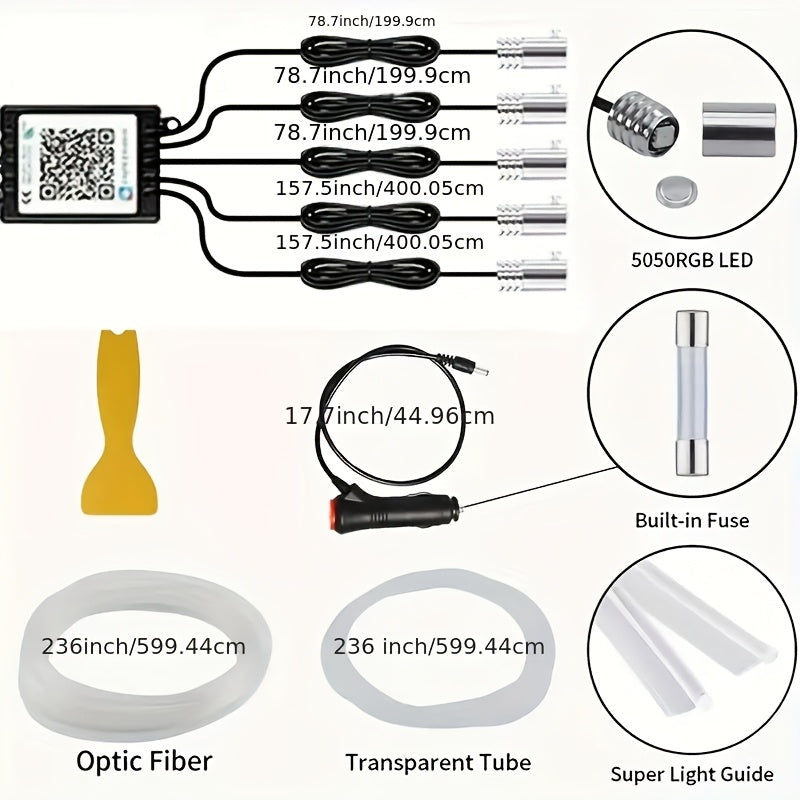 Interior Car LED Strip Lights, 5 In 1 Ambient Lighting Kits With 236inches Fiber Optic, 16 Million Colors Car Interior Lights With Wireless APP And Remote Control, Sync To Music, Without Battery