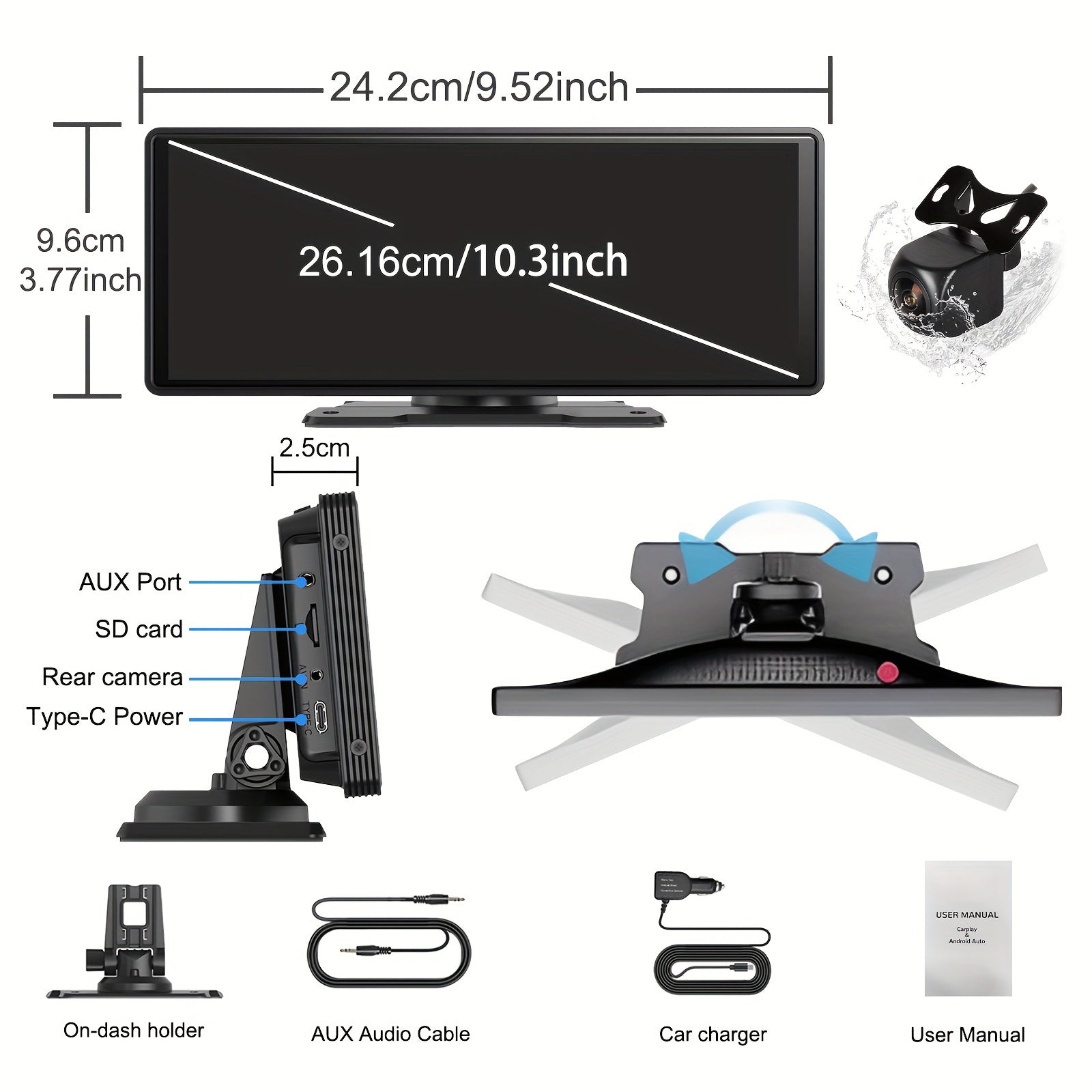 10.26 Inch/26.16cm Portable Wireless Carplayer Screen, Wireless Android Auto Car Play Car Radio, WiFi Video, Car Audio Receivers GPS Navigation Mirror Link, Double B&T, FM, Siri, Mp5 Player, Optional Backup Camera