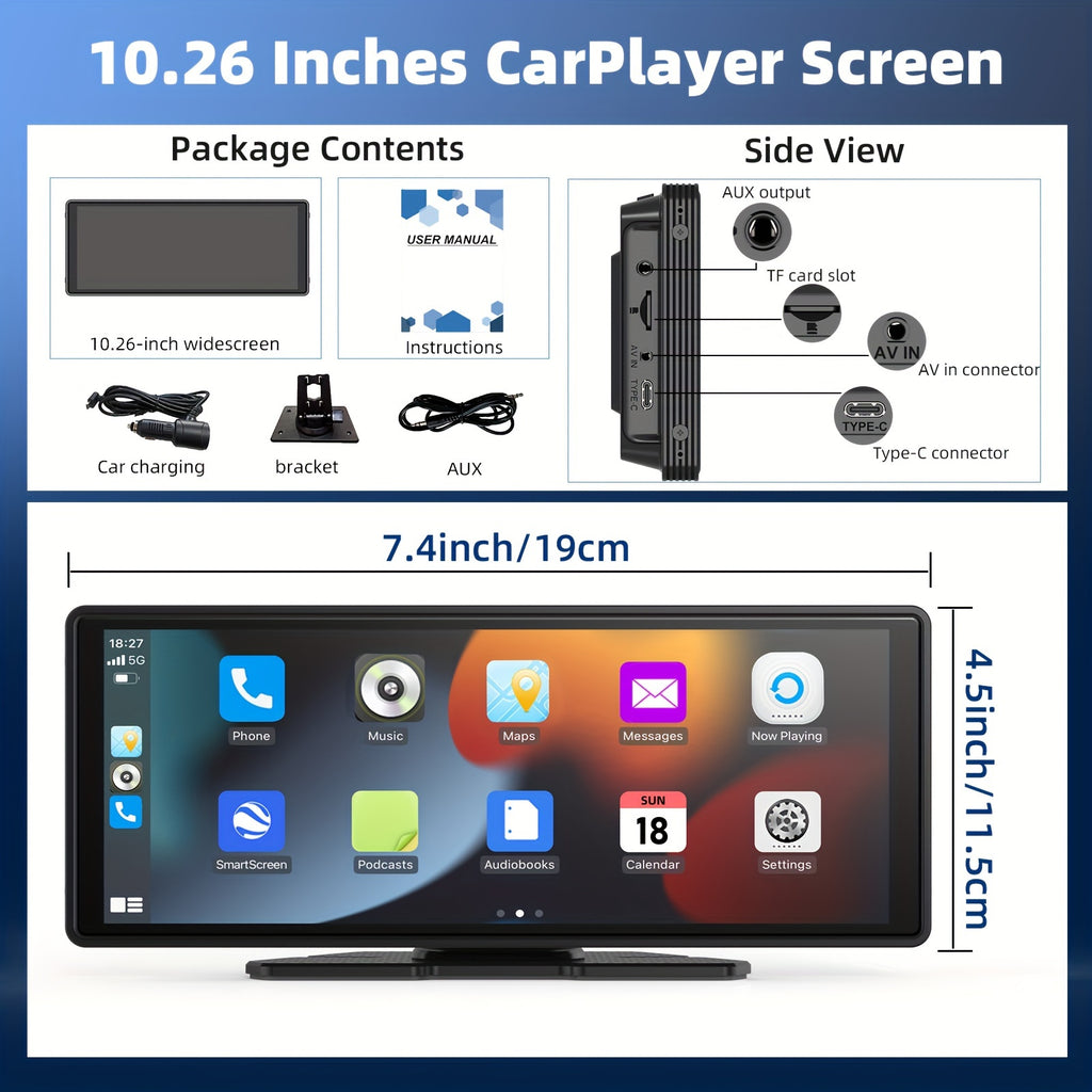 10-Inch Portable Car Player - 4K Dash Cam, Wireless Android Auto Car Play Screen, Voice Control, Mirror Link, Car Audio Receiver with AUX, 64G TF Card, Phone Holder - Upgrade Your Car Entertainment System