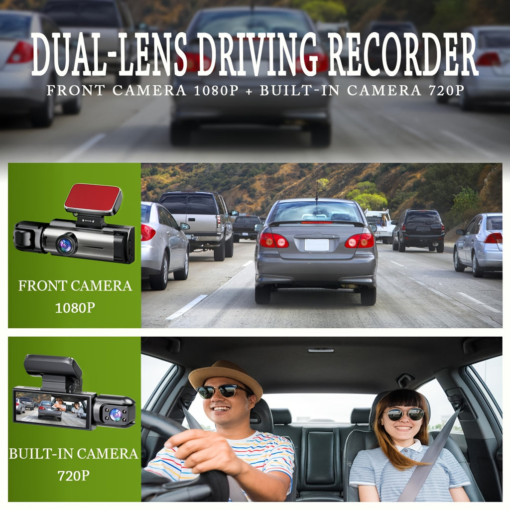 [1080P Dual Camera Dash Cam] 1080P Dual Camera Dash Cam with IR Night Vision, Loop Recording, Wide Angle Lens - 3.16 Inch IPS Screen, 32GB SD Card Optional