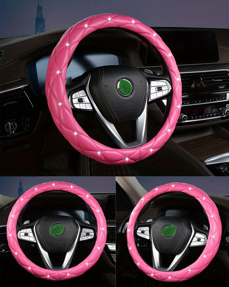New Style, Rhinestone Inlaid, Artificial Diamond Grid PU Leather Car Steering Wheel Cover, soft And Comfortable, Suitable For Women And Girls.