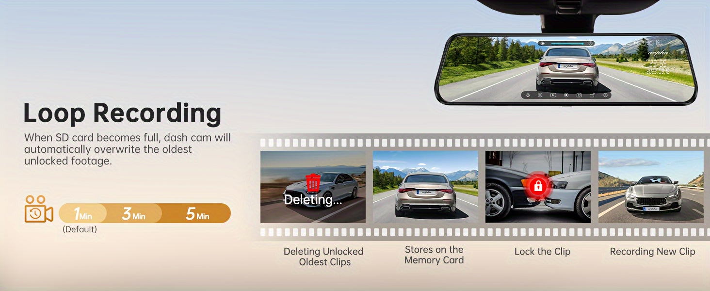 10'' Rear View Mirror Full Touch Screen Mirror Dual Camera Dash Cam, Dash Cam Front 1080P And Rear 720P, App Control With WiFi And GPS, English Voice Control, WDR Super Night Vision, Parking Mode(Need To Connect Mini 3-lead H