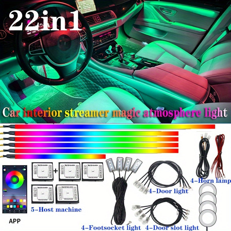 Dreamcolor Acrylic Interior Car LED Strip Light With Wireless APP, RGB 22 In 1 With 175 Inches 593 LEDs Fiber Optic Ambient Lighting Kits, 16 Million Colors Sound Active Function Car Neon Lights, Car Chassis LED And Neon, San