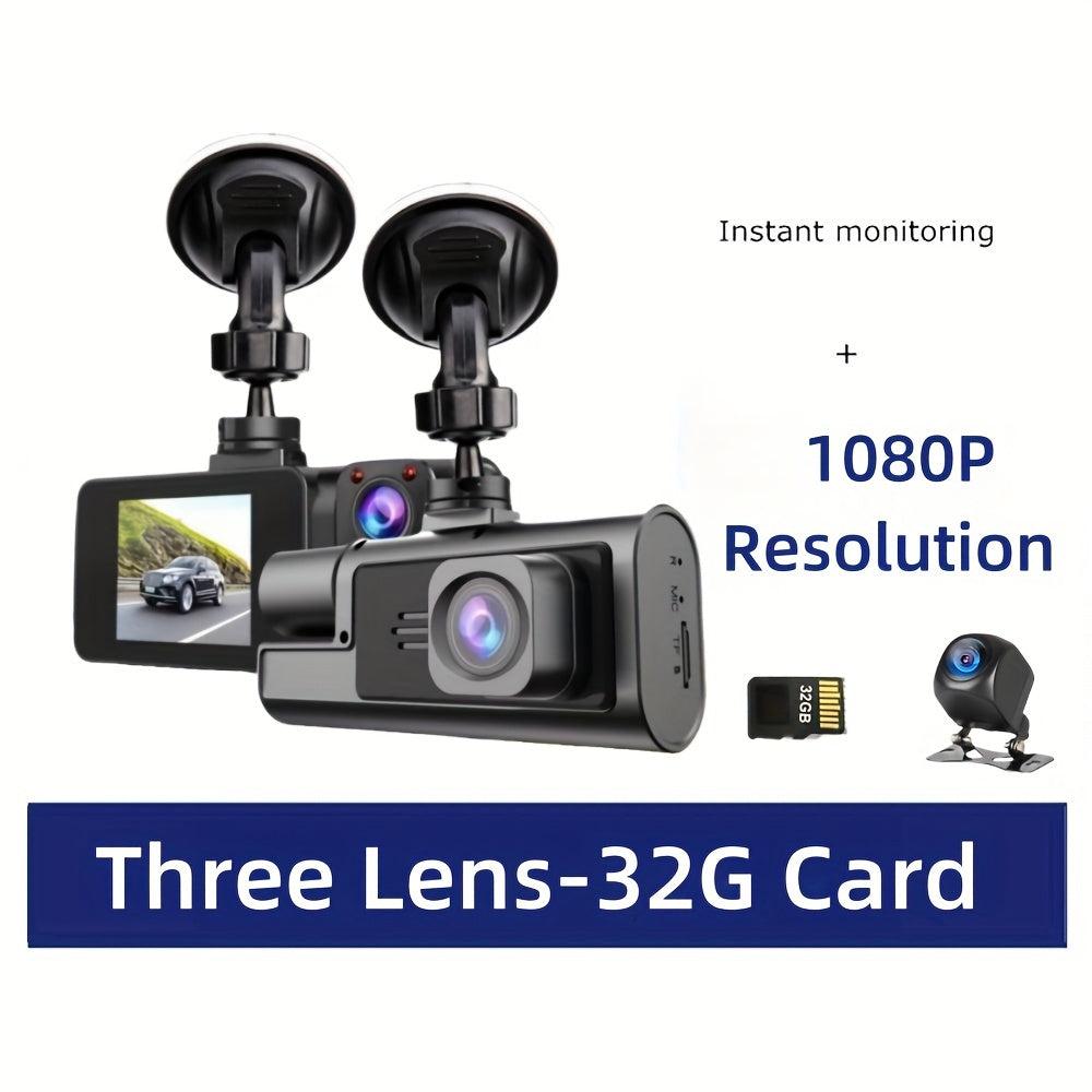 3 Channels Dash Camera For Cars, FHD 1080P Car Driving Recorder, Dash Cam With Reversing Camera, Super Night Vision Black Box, Loop Recording, G-sensor, Motion Detection, Parking Monitor