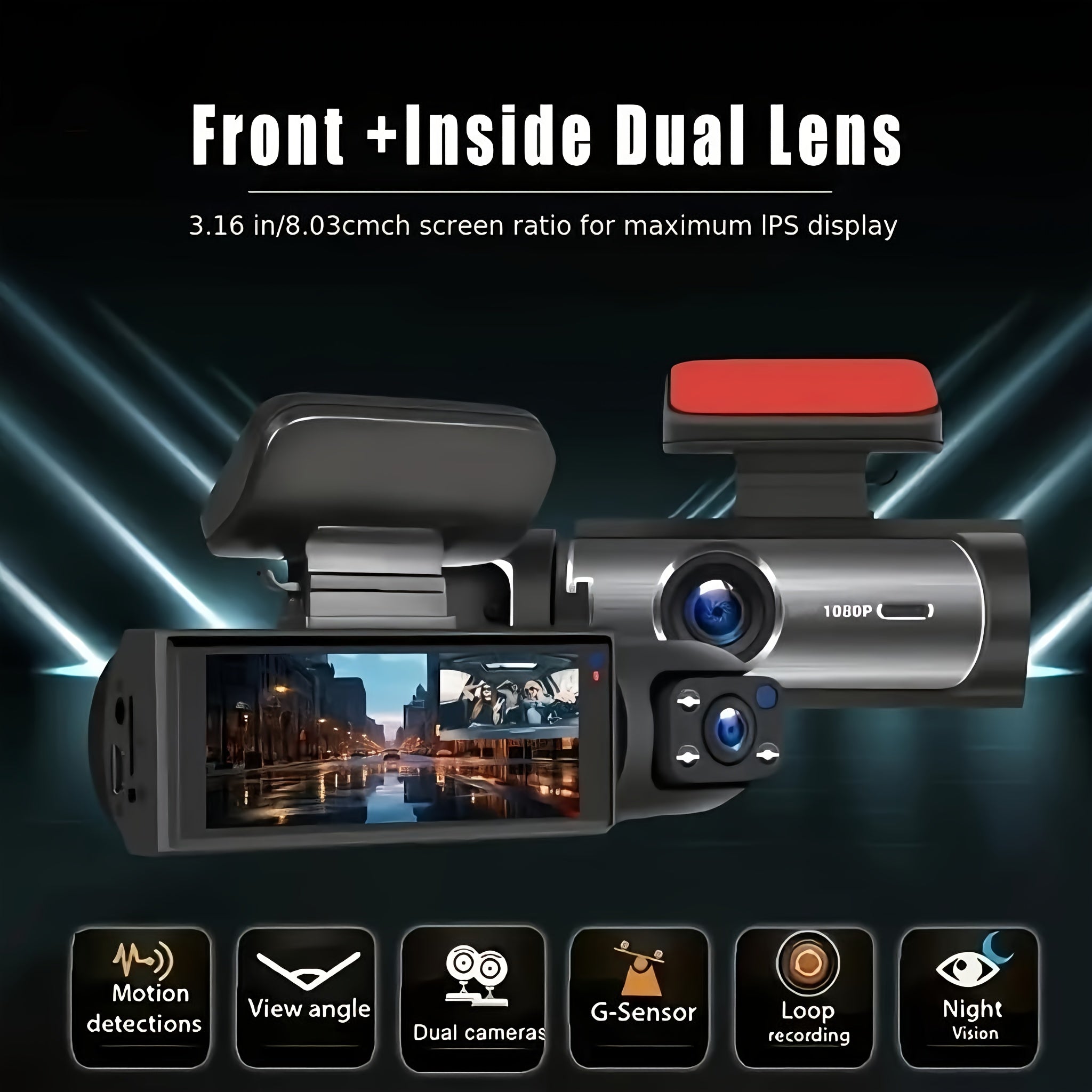 [1080P Dual Camera Dash Cam] 1080P Dual Camera Dash Cam with IR Night Vision, Loop Recording, Wide Angle Lens - 3.16 Inch IPS Screen, 32GB SD Card Optional