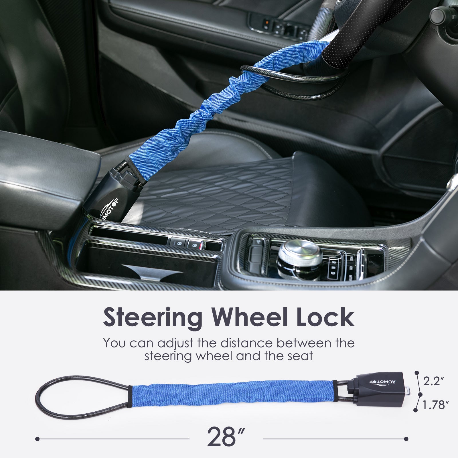 Steering Wheel Lock Universal Seat Belt Lock Anti-Theft Locking Device with 3 Keys for Car SUV Van Golf Cart Truck Black