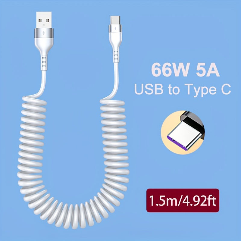 5A 66W USB To Type C Fast Charging Data Cable For Xiaomi Redmi POCO Honor Samsung OPPO VIVO Mobile Phone Charger Accessories Car USB Charge Cable Spring Telescopic USB C Cord Max Stretch 39.37inch/59.06inch