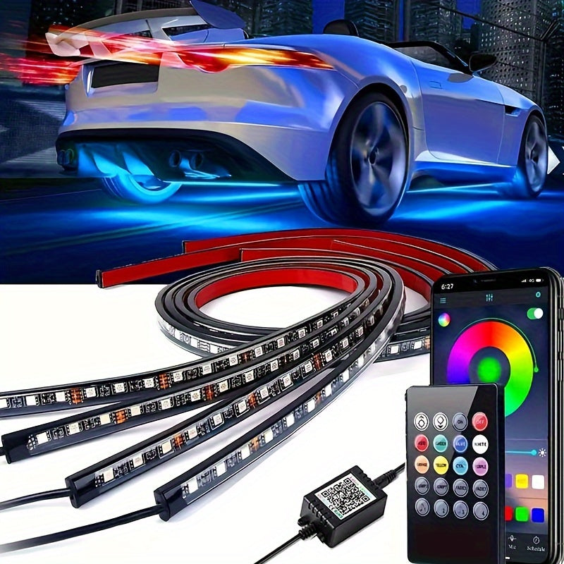 4Pcs Car Underglow Neon Accent Strip Lights, RGB 8 Color Sound Active Function Music Mode, App And Remote Dual Control Exterior Car LED Light RGB 16 Million Color Fits Trucks ATV UTV LED Light Exterior Strips, Car Under Body