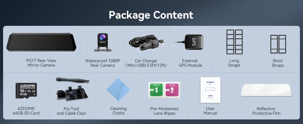 2K UHD Mirror Dash Cam With Backup Cam, AZDOME PG17 12'' Touch Screen Camera for Cars, Front 170° and Rear 150° Wide Visual Angle, Split Screen View Built WiFi, Super Night Vision, Parking Assistance, GPS, WDR, 64G Card Inc