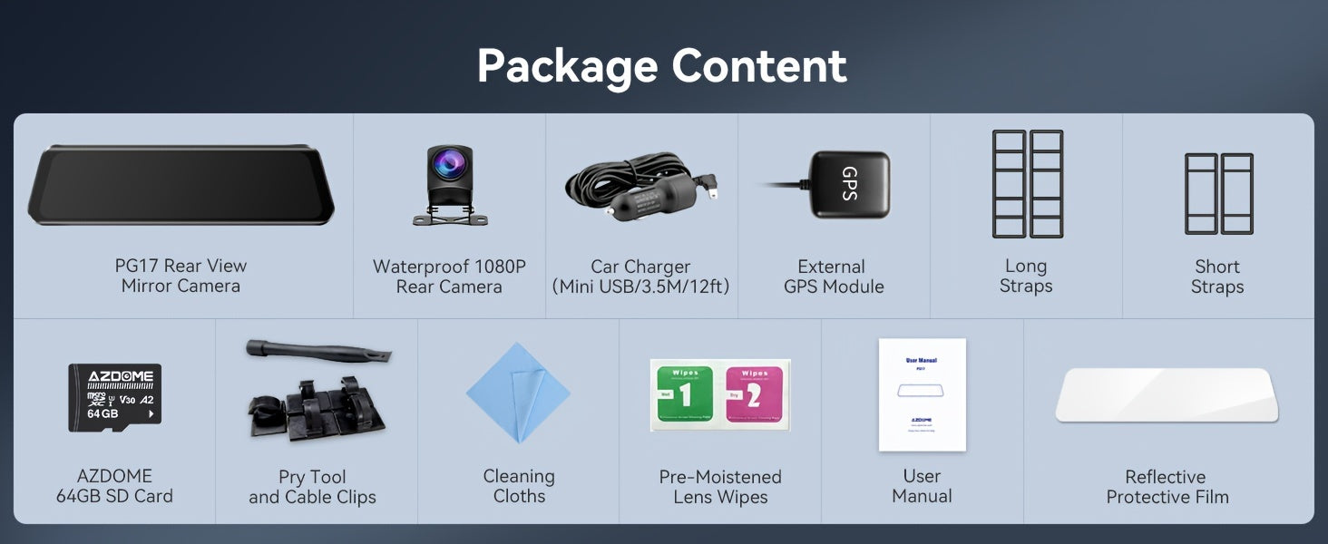 2K UHD Mirror Dash Cam With Backup Cam, AZDOME PG17 12'' Touch Screen Camera for Cars, Front 170° and Rear 150° Wide Visual Angle, Split Screen View Built WiFi, Super Night Vision, Parking Assistance, GPS, WDR, 64G Card Inc