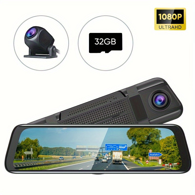 10" 1080P Touch Screen Smart Rear View Mirror Camera - On-Dash Cameras with Front and Rear Dash Cam, 32GB Card, Parking Monitor, Reverse Assist, and Wide Angle Lens for Safe Driving