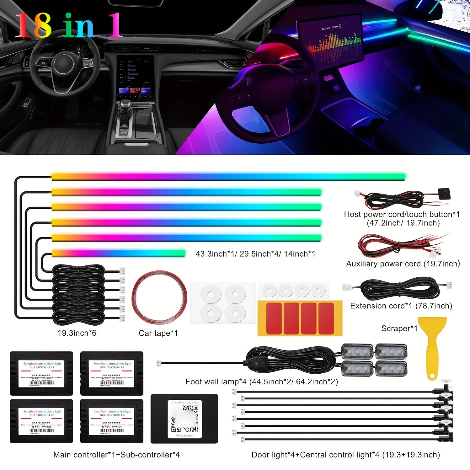 Dreamcolor Acrylic Interior Car LED Strip Light With Wireless APP, RGB 22 In 1 With 175 Inches 593 LEDs Fiber Optic Ambient Lighting Kits, 16 Million Colors Sound Active Function Car Neon Lights, Car Chassis LED And Neon, San