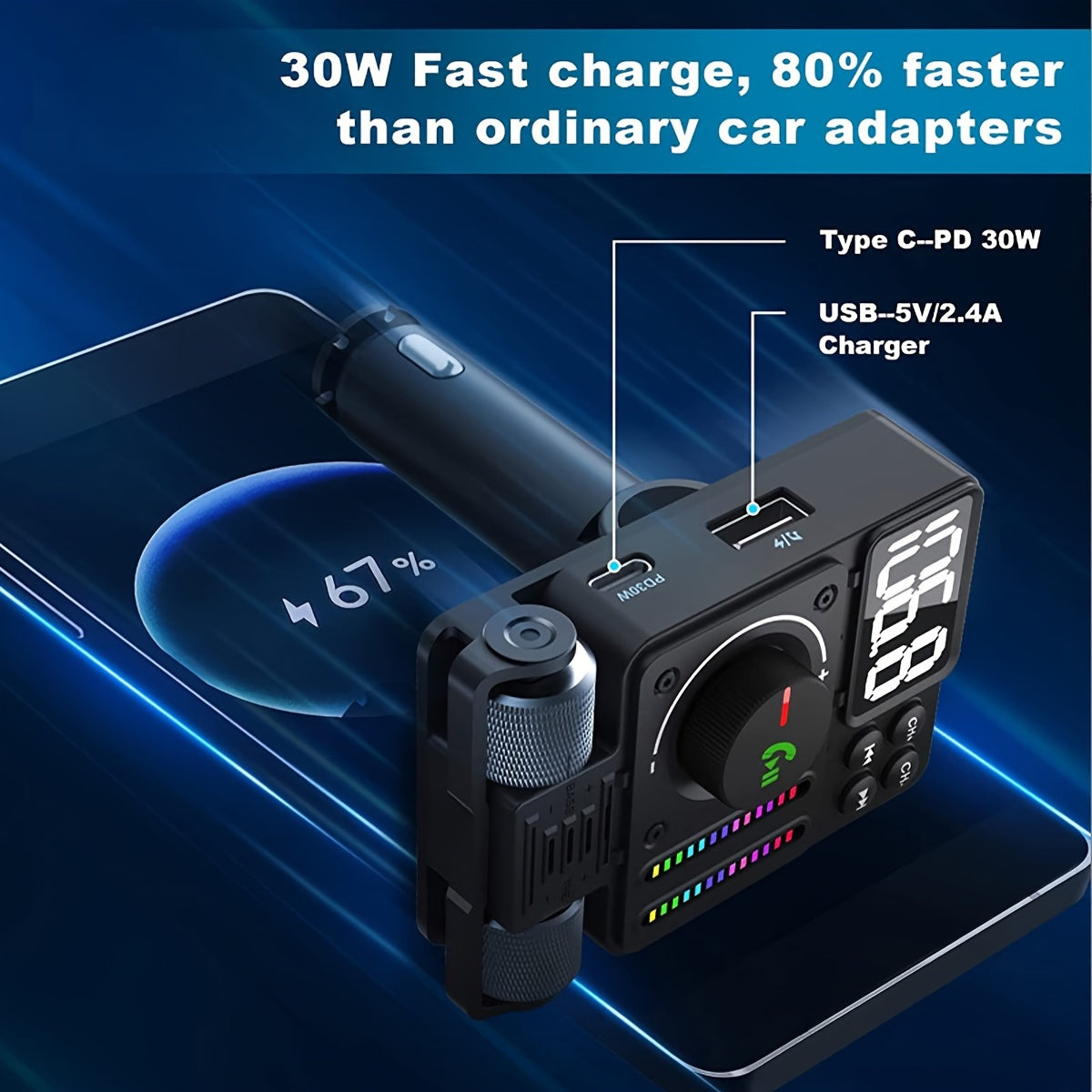 JaJaBor FM Transmitter: Boost Your Car Audio with Treble & Bass Control, 30W Fast Charging, and Hands-Free Wireless Kit