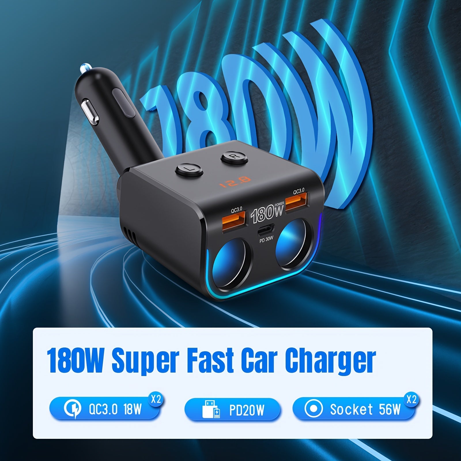Dual QC3.0 Cigarette Lighter USB Charger 180W Car USB Charger with QC3.0 & PD Car Phone Charger Cigarette Lighter Splitter with LED Voltage Display For Phone, iPad, GPS, Dash Cam and More