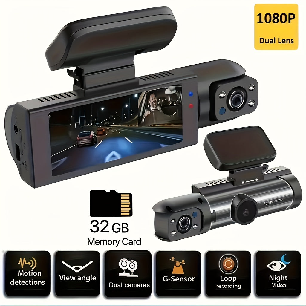 [1080P Dual Camera Dash Cam] 1080P Dual Camera Dash Cam with IR Night Vision, Loop Recording, Wide Angle Lens - 3.16 Inch IPS Screen, 32GB SD Card Optional