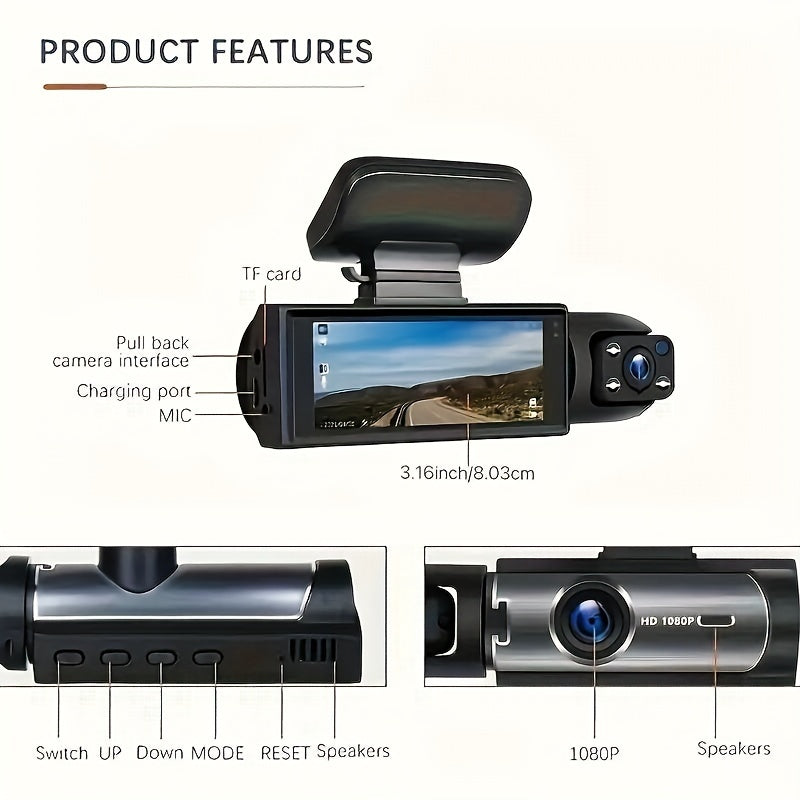 1080P Dual Camera, Dash Cam For Cars, Front And Inside, Car Camera With IR Night Vision, Loop Recording, Wide Angle Car DVR Camera With 3.16 Inch IPS Screen, Dual Lens Car Dashboard Video Cam, with 32GB SD Card