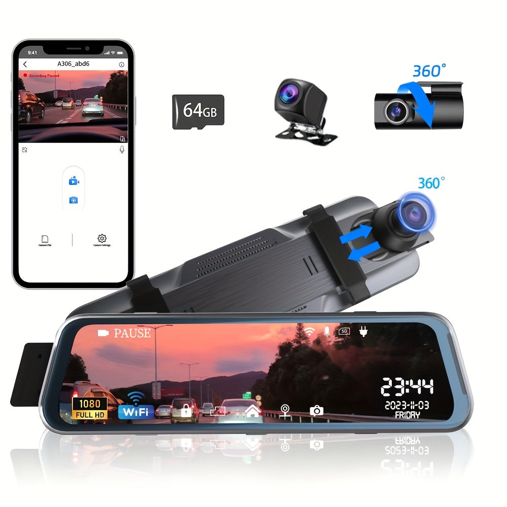 3 Channels Dash Cam Front And Rear Inside 1080P Mirror Camera Dash Camera For Cars, Dash cam Three Way With Night Vision Loop Recording 10 Inch Touch Screen Car Camera, Free 64GB SD card. Built-in Wifi and Super Night Vision,