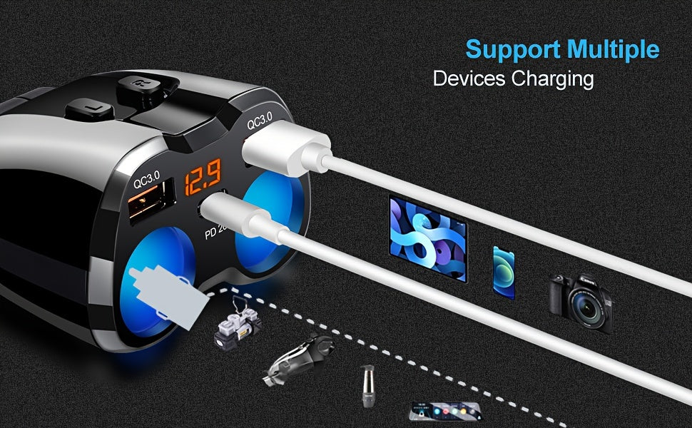 Cigarette Lighter Adapter, 150W 2 Sockets Car Cigarette Lighter Splitter Dual QC3.0 and 20W PD Type C Ports 12/24V Car Charger with ON/Off Switch for iPhone iPad Android Dash Cam