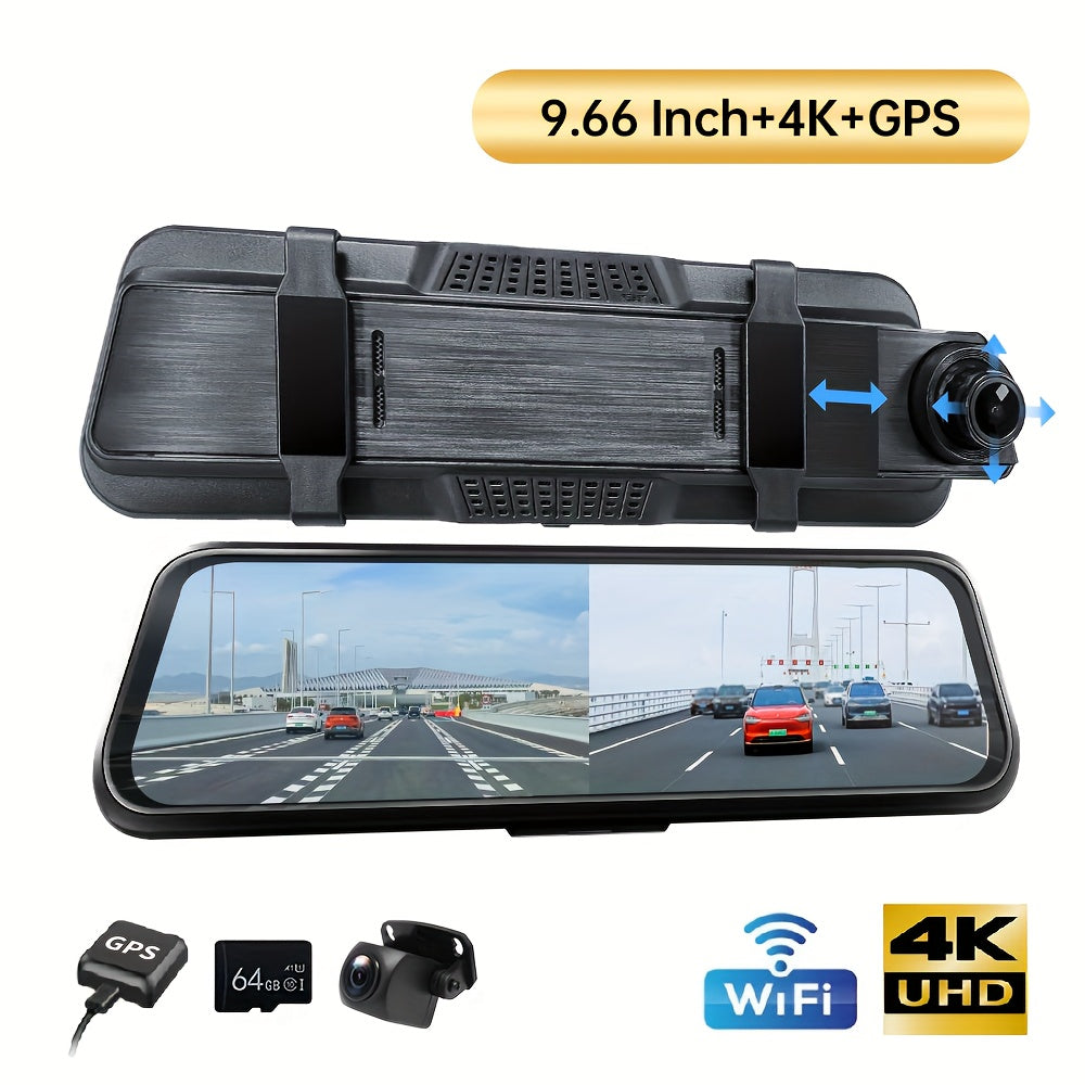 9.66" 4K Mirror Dash Cam Backup Camera, 2160P Full HD Smart Rearview Mirror For Cars & Trucks, Front And Rear View Dual Cameras, Night Vision, Parking Assistance, Included 64GB Card & GPS