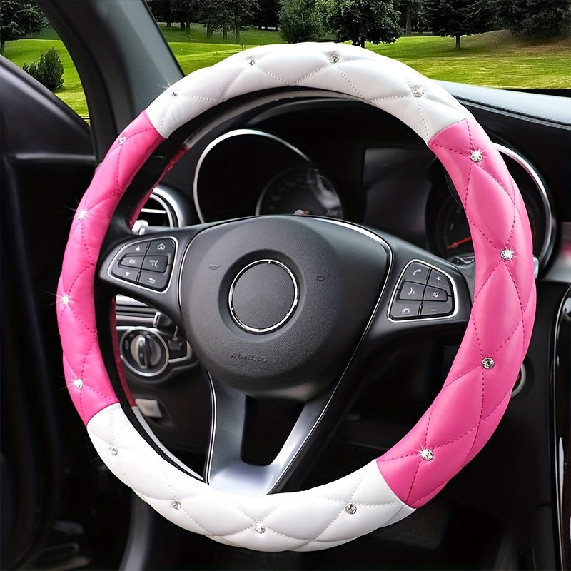 New Style, Rhinestone Inlaid, Artificial Diamond Grid PU Leather Car Steering Wheel Cover, soft And Comfortable, Suitable For Women And Girls.