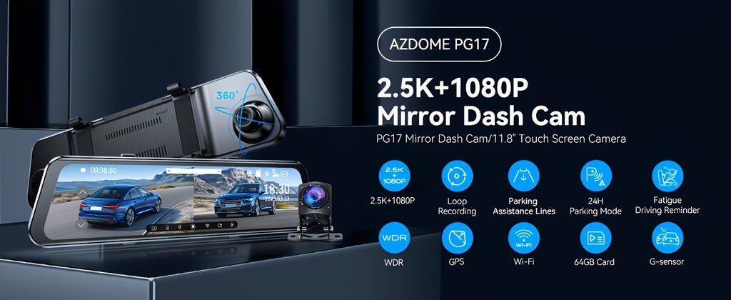2K UHD Mirror Dash Cam With Backup Cam, AZDOME PG17 12'' Touch Screen Camera for Cars, Front 170° and Rear 150° Wide Visual Angle, Split Screen View Built WiFi, Super Night Vision, Parking Assistance, GPS, WDR, 64G Card Inc