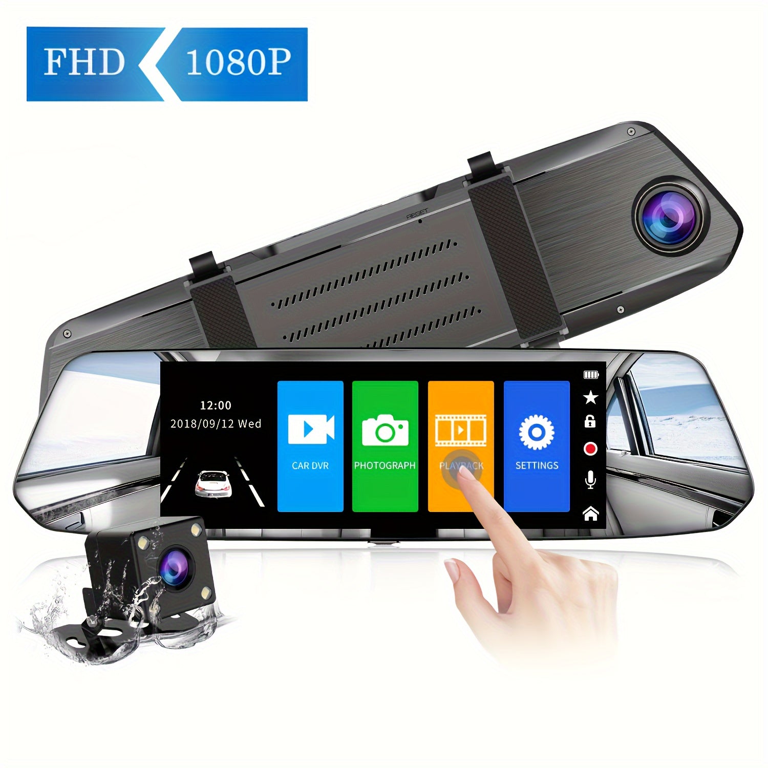 Car Dash Cam 7 Inch Touch Screen Full HD 1080P Rear View Mirror, Wide Angle Car Camera Front Camera 1080P, Rear Camera 1080P