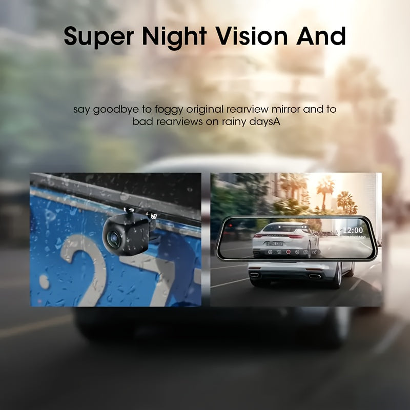 1080P HD 9.66 Inch; Mirror Dash Cam Front And Rear, With Touch Screen/ G-sensor/Night Version/ Loop Recording, 32GB Card Optional.