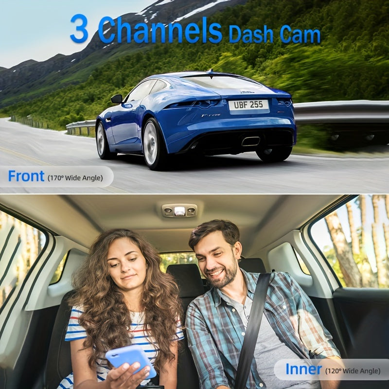 32GB 2.0 Inch IPS Screen 3-Channel Dash Cam - Wide 170° Angle, WIFI, Loop Recording, G-Sensor, Front Inside Rear Camera - Night Vision, Motion Detection, Parking Monitor, and More