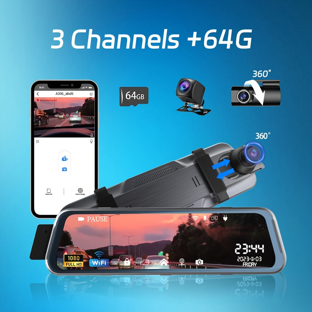 3 Channels Dash Cam Front And Rear Inside 1080P Mirror Camera Dash Camera For Cars, Dash cam Three Way With Night Vision Loop Recording 10 Inch Touch Screen Car Camera, Free 64GB SD card. Built-in Wifi and Super Night Vision,
