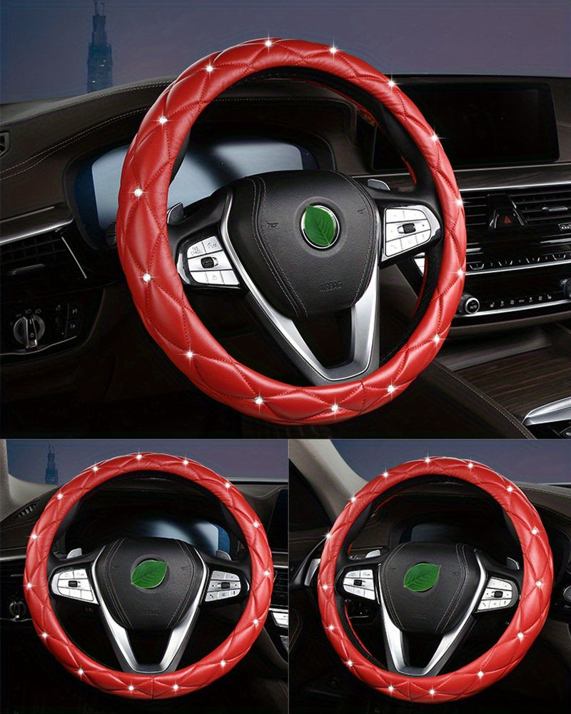 New Style, Rhinestone Inlaid, Artificial Diamond Grid PU Leather Car Steering Wheel Cover, soft And Comfortable, Suitable For Women And Girls.