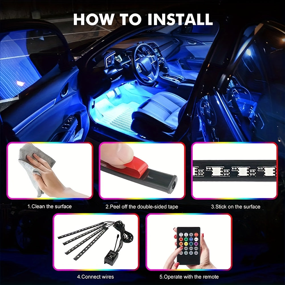 Light Up Your Car With 4pcs 48 LEDs Neon LED Interior Lights - Music Sync, Wireless Remote Control Auto RGB Decorative Lamps