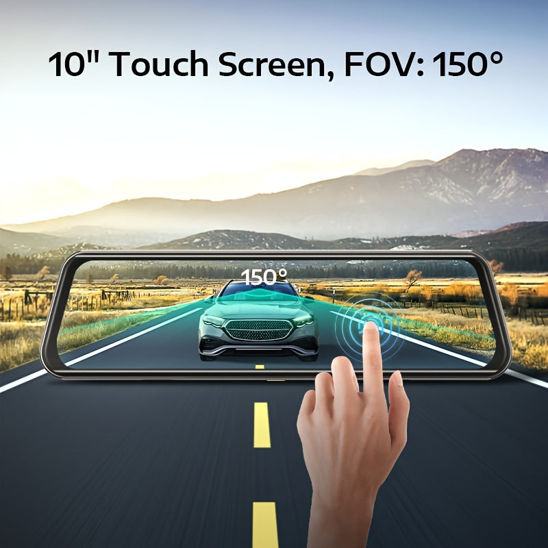10'' Rear View Mirror Full Touch Screen Mirror Dual Camera Dash Cam, Dash Cam Front 1080P And Rear 720P, App Control With WiFi And GPS, English Voice Control, WDR Super Night Vision, Parking Mode(Need To Connect Mini 3-lead H