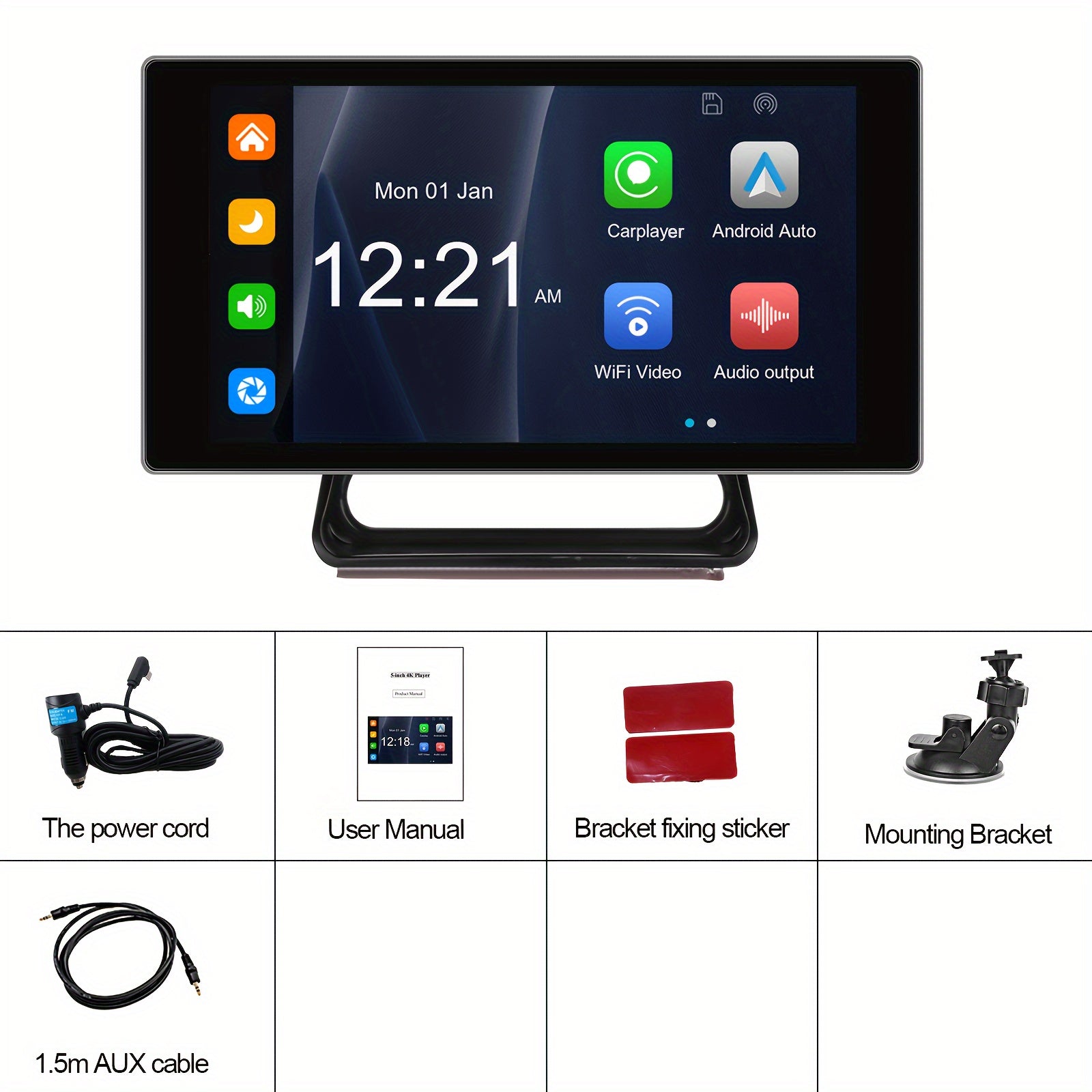 Wireless ios Carplayer & Android Auto with 4K Dash Cam, 5" Portable Touch Screen for Car, Wireless AUX/FM Transmitter, Driving Recorder, Voice Control Car Stereo Receivers