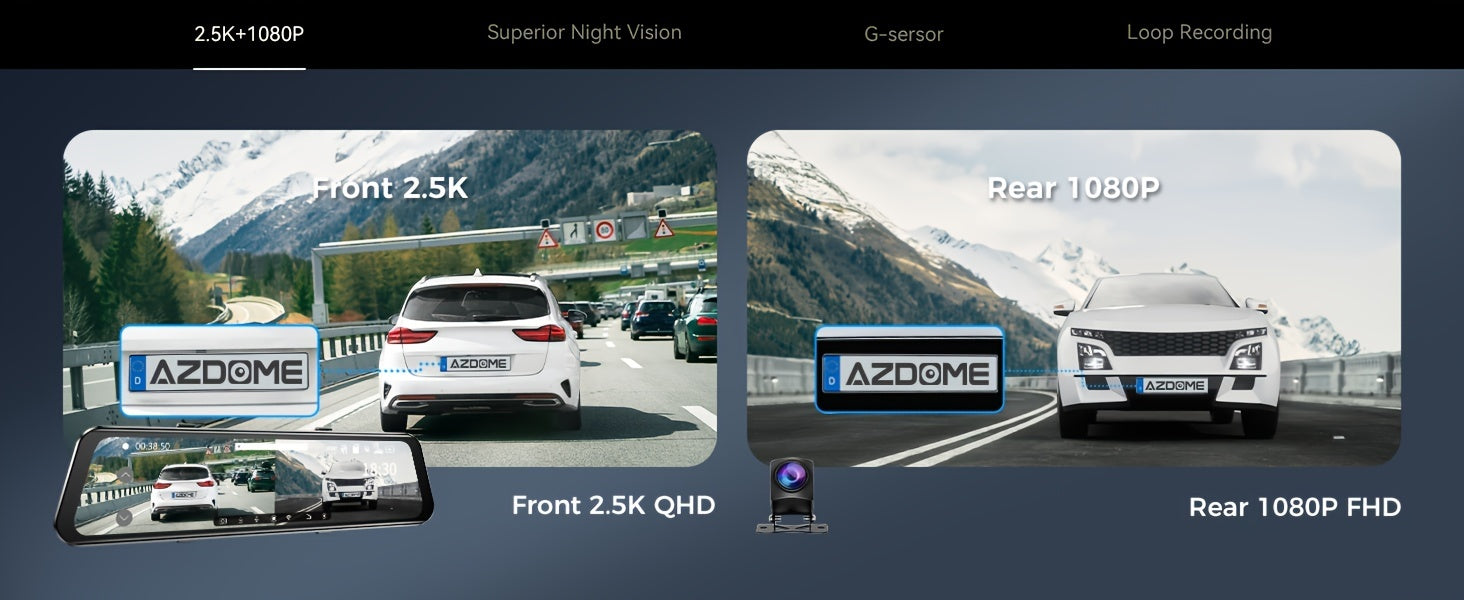 2K UHD Mirror Dash Cam With Backup Cam, AZDOME PG17 12'' Touch Screen Camera for Cars, Front 170° and Rear 150° Wide Visual Angle, Split Screen View Built WiFi, Super Night Vision, Parking Assistance, GPS, WDR, 64G Card Inc