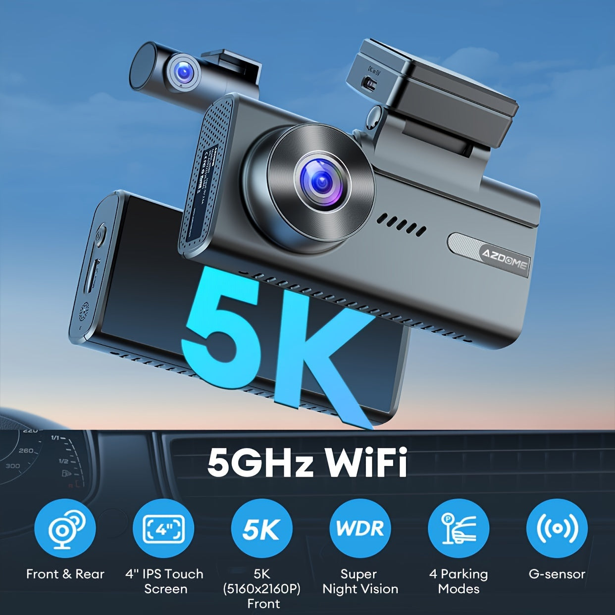 5K M580 Dual Dash Cam - 4-Inch Touch Screen, 150°+140° Wide Angle, 4K Front and 1080P Rear Cameras, Built-in 5G WiFi, GPS, Time-Lapse, 4 Advanced Parking Modes, Screensaver Optional, Easy Installation, Universal Fit for Car