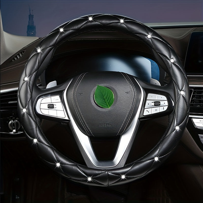 New Style, Rhinestone Inlaid, Artificial Diamond Grid PU Leather Car Steering Wheel Cover, soft And Comfortable, Suitable For Women And Girls.