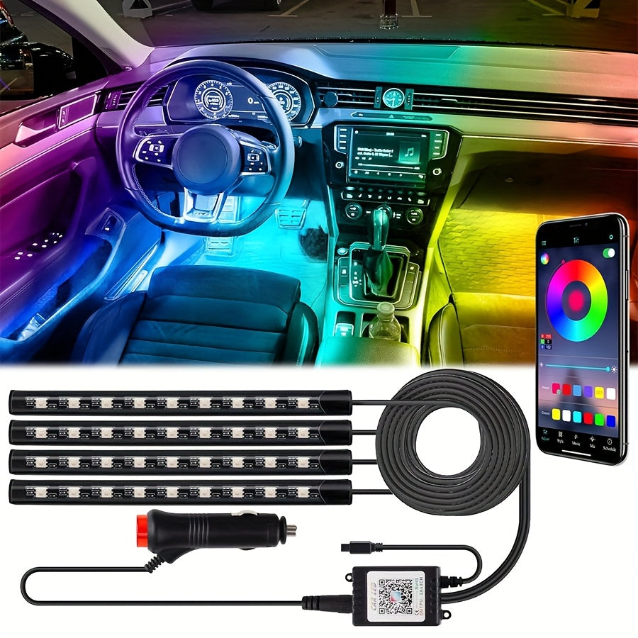 [RGB Car LED Lights] 4pcs RGB Car LED Light Strips - Universal Car LED Base Lights with APP, Music Mode, Wireless Remote Control - Car Decorative Light Strips for Camping, Travel, LED Christmas Light