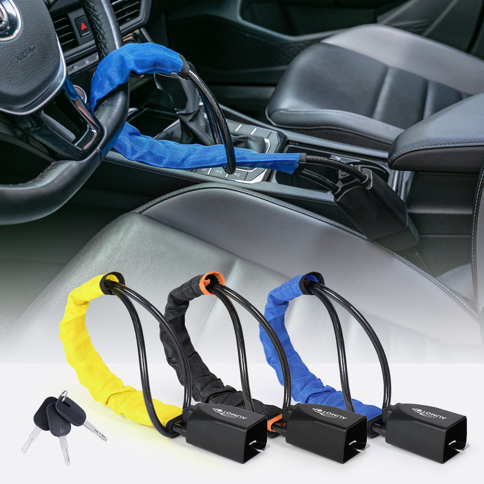 Steering Wheel Lock Universal Seat Belt Lock Anti-Theft Locking Device with 3 Keys for Car SUV Van Golf Cart Truck Black