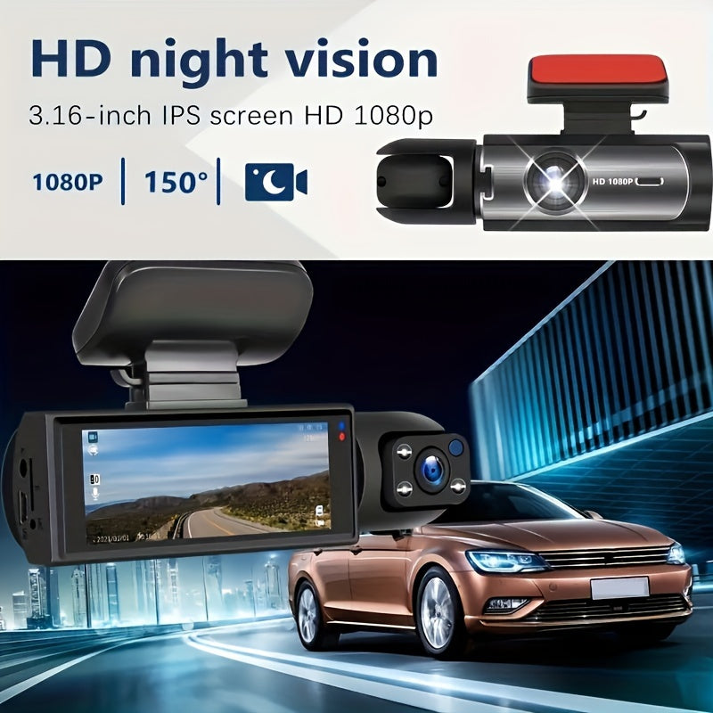 1080P Dual Camera, Dash Cam For Cars, Front And Inside, Car Camera With IR Night Vision, Loop Recording, Wide Angle Car DVR Camera With 3.16 Inch IPS Screen, Dual Lens Car Dashboard Video Cam