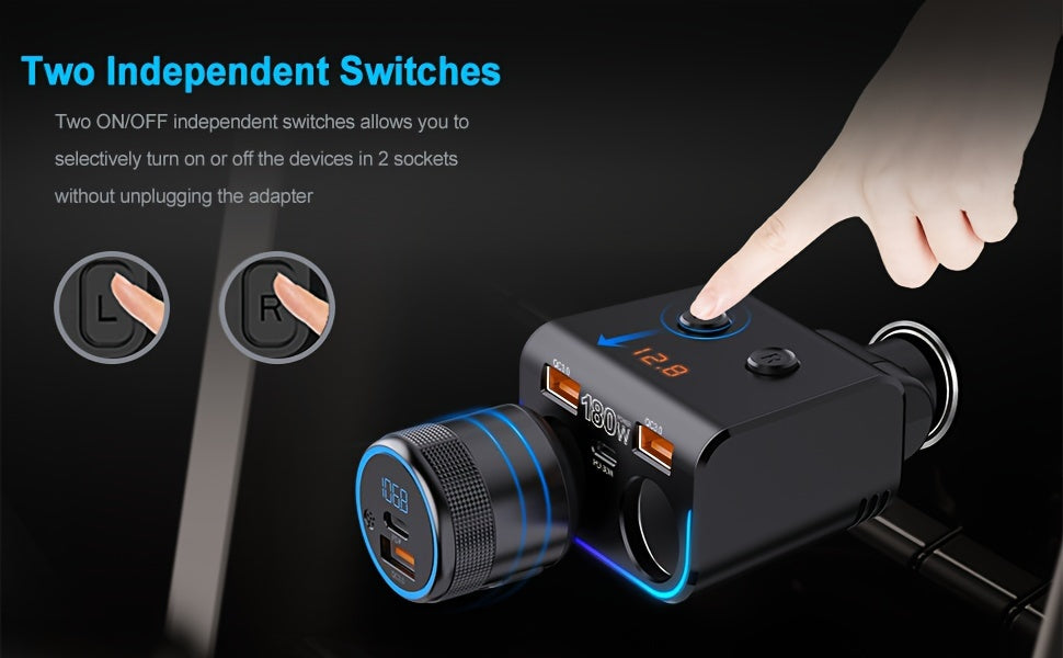 Dual QC3.0 Cigarette Lighter USB Charger 180W Car USB Charger with QC3.0 & PD Car Phone Charger Cigarette Lighter Splitter with LED Voltage Display For Phone, iPad, GPS, Dash Cam and More