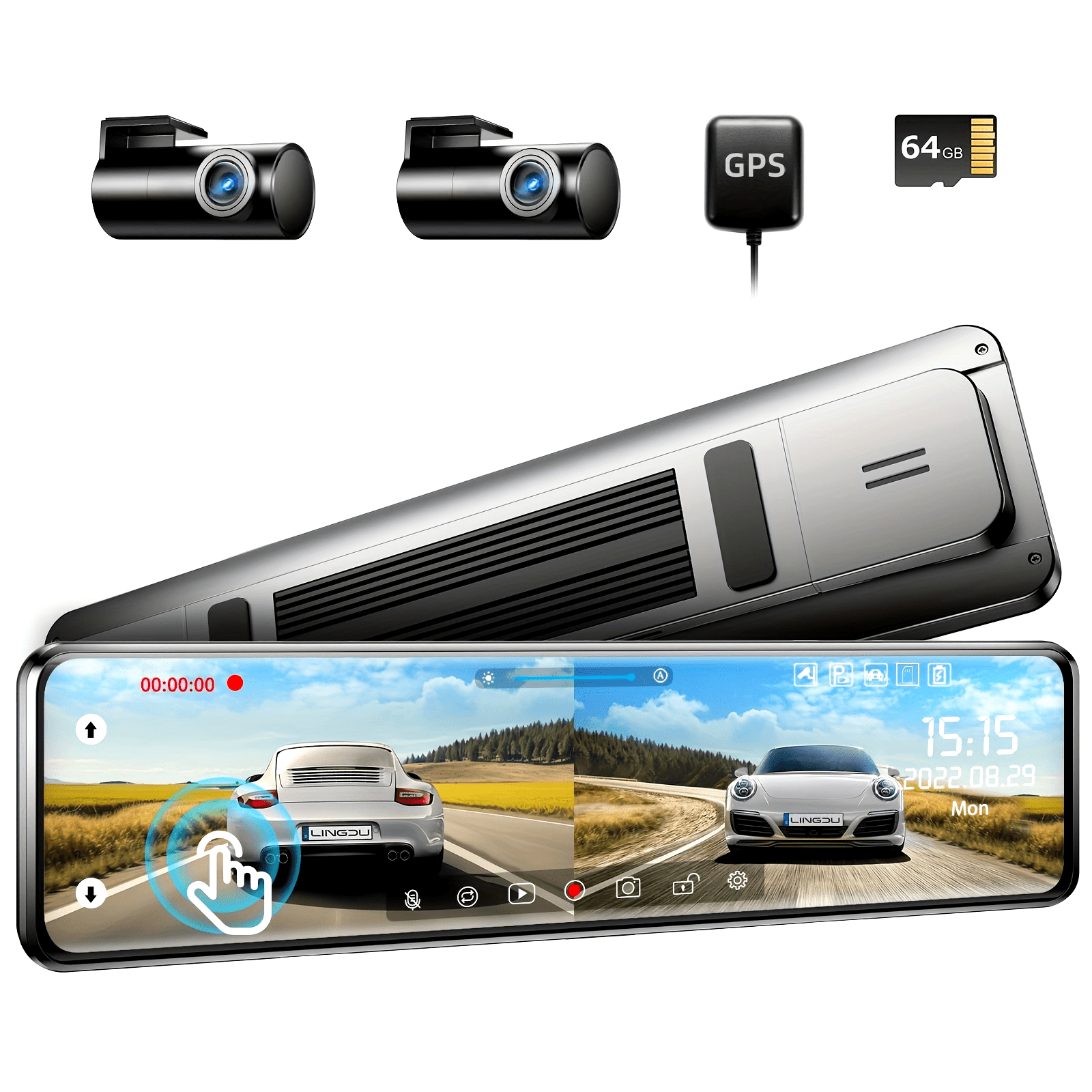 12" FHD 1080P LINGDU Full Touch Screen Mirror Dash Cam with Detached Camera, Super Night Vision, Front and Rear Dual Cameras, Flexible Installation, Backup View Mirror Camera, Includes 64GB Card