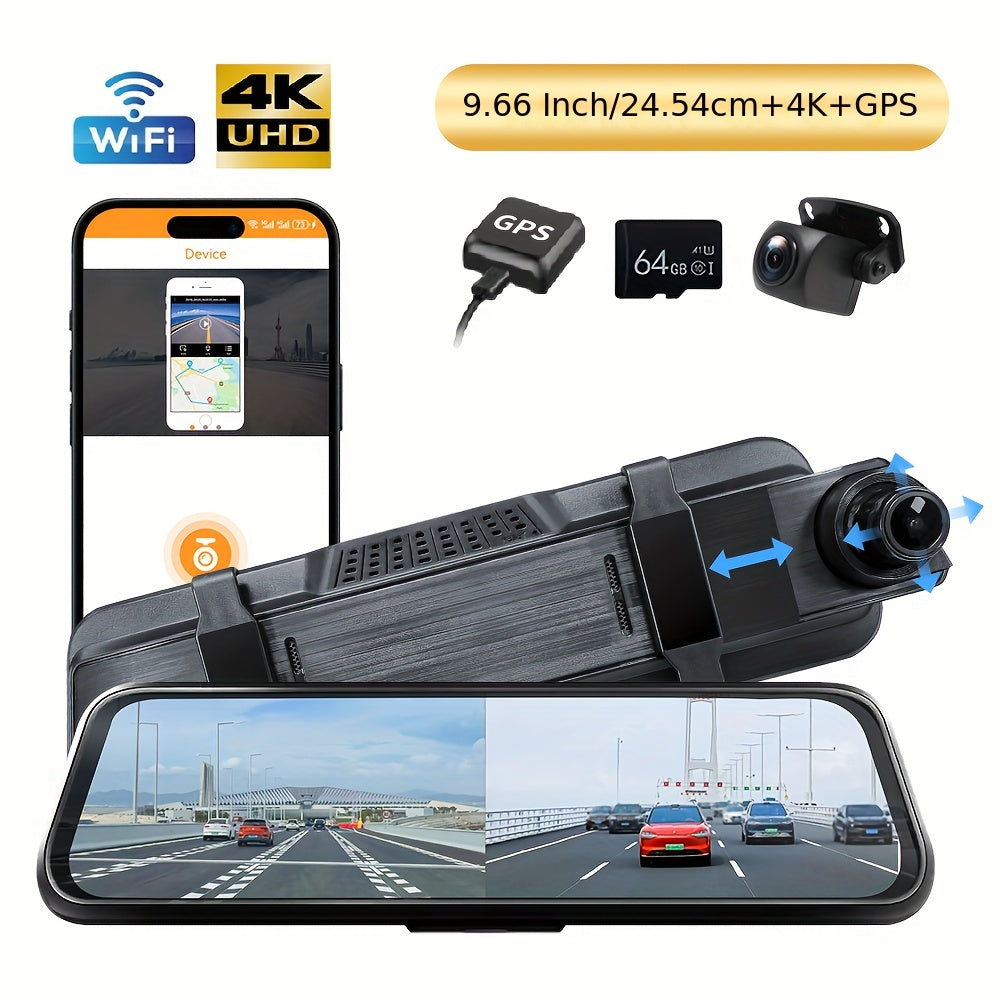 9.66" 4K Mirror Dash Cam Backup Camera, 2160P Full HD Smart Rearview Mirror For Cars & Trucks, Front And Rear View Dual Cameras, Night Vision, Parking Assistance, Included 64GB Card & GPS