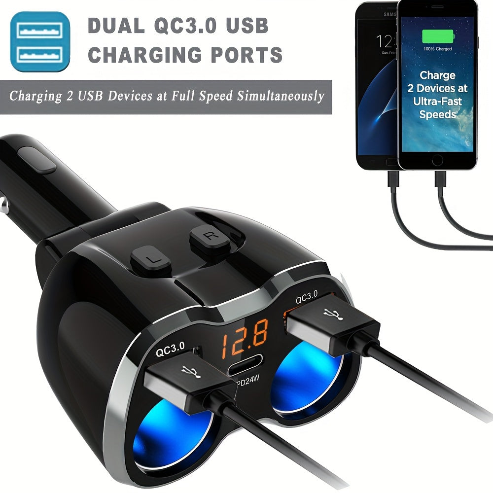 Cigarette Lighter Adapter, 150W 2 Sockets Car Cigarette Lighter Splitter Dual QC3.0 and 20W PD Type C Ports 12/24V Car Charger with ON/Off Switch for iPhone iPad Android Dash Cam