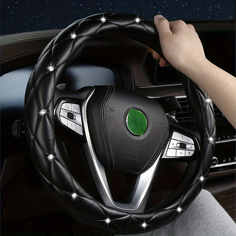New Style, Rhinestone Inlaid, Artificial Diamond Grid PU Leather Car Steering Wheel Cover, soft And Comfortable, Suitable For Women And Girls.