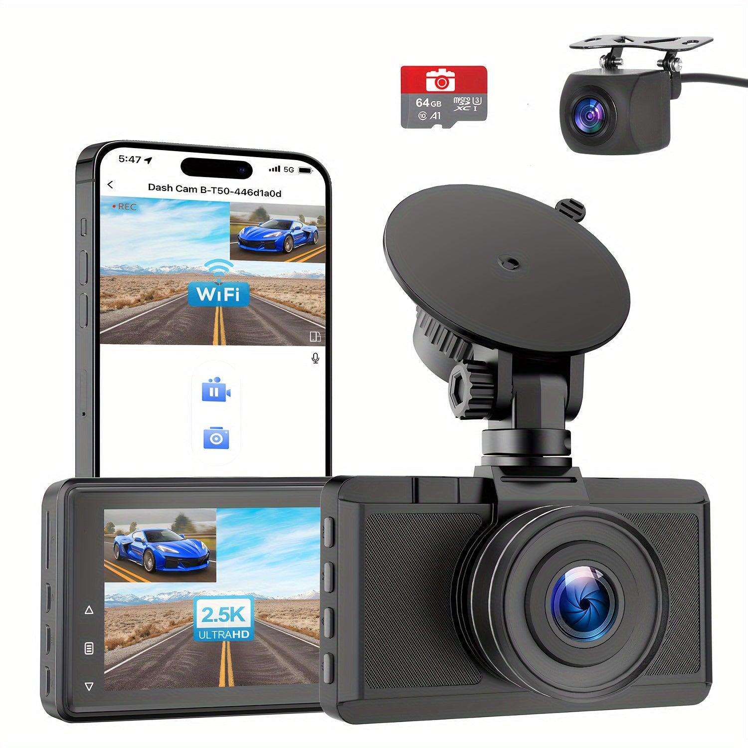 Dash Cam Front And Rear Camera, 3Inch Screen WiFi Dash Cam, 2.5K+1080P Dash Camera For Cars, Dashboard Camera With Free 64GB SD Card, Type-C Port, Parking Monitor, Super Night Vision