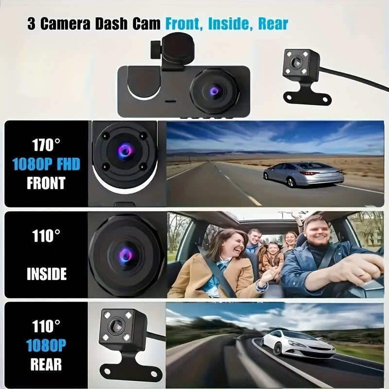 32G 3Lens HD Dash Cam Car DVR, Front Inside Rear Wide Angle Night Vision Camera with G-sensor and Loop Recording