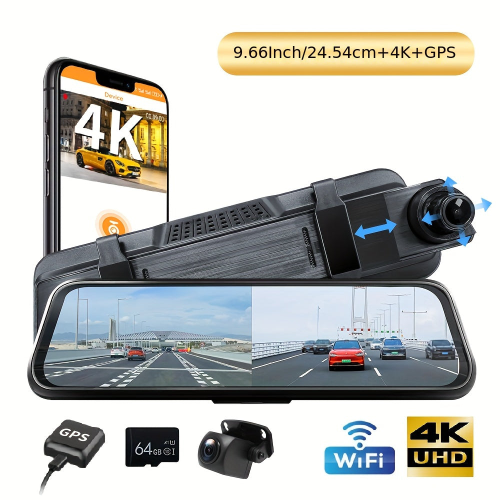 9.66" 4K Mirror Dash Cam Backup Camera, 2160P Full HD Smart Rearview Mirror For Cars & Trucks, Front And Rear View Dual Cameras, Night Vision, Parking Assistance, Included 64GB Card & GPS