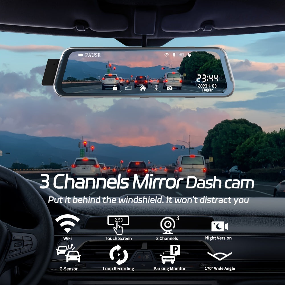 3 Channels Dash Cam Front And Rear Inside 1080P Mirror Camera Dash Camera For Cars, Dash cam Three Way With Night Vision Loop Recording 10 Inch Touch Screen Car Camera, Free 64GB SD card. Built-in Wifi and Super Night Vision,