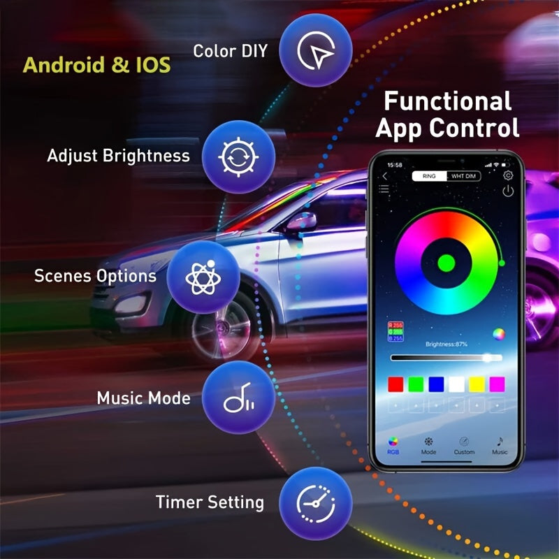 4pcs RGB Car Super Bright Universal Light Bar, Car LED Bottom Light Neon Light With App Dynamic RGB Color Change, Music Mode, Wireless Remote Control, Car Base Glow Light Bar, LED Light Base Glow Kit